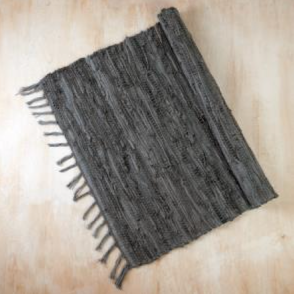 India Handicrafts Leather Dark Gray Rug